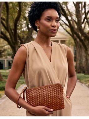 Patricia Nash Leisha Woven Cognac Leather Wristlet Clutch NWOT
